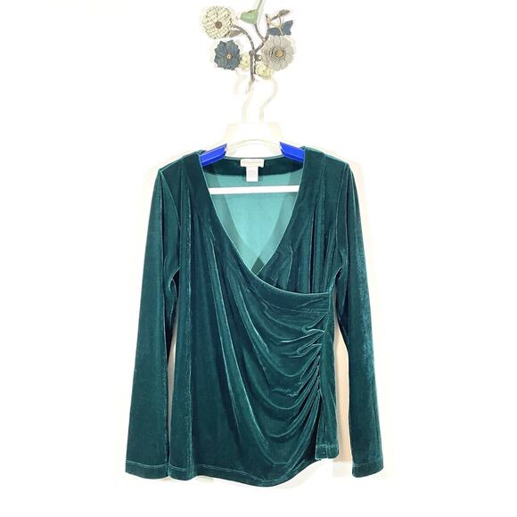 Soft Surroundings Womens Velour Velvet Surplice Faux Wrap Top Green Size Small - Picture 3 of 8